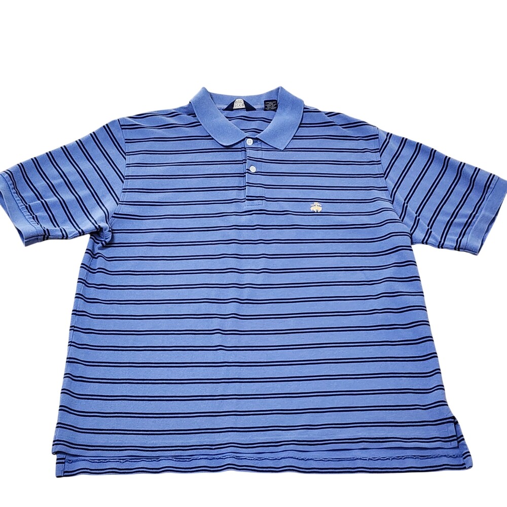Brooks Sport Polo Shirt Mens Large Blue Stripe Cotton Logo Short Sleeve Casual